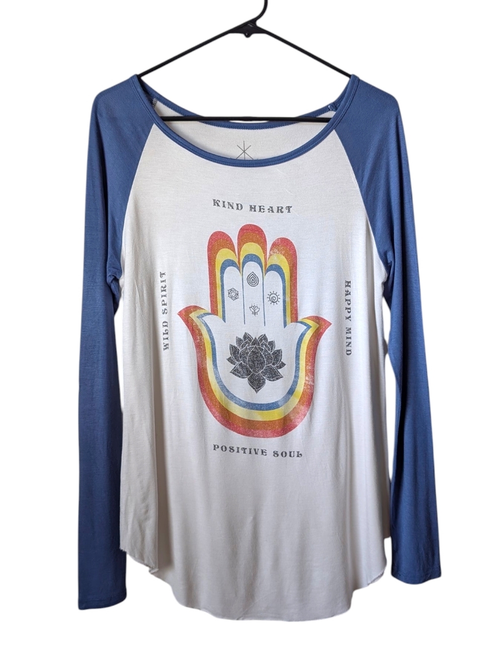 Life Clothing Co. Hamsa Hand Graphic Baseball Tee Long Sleeve Blue White Medium